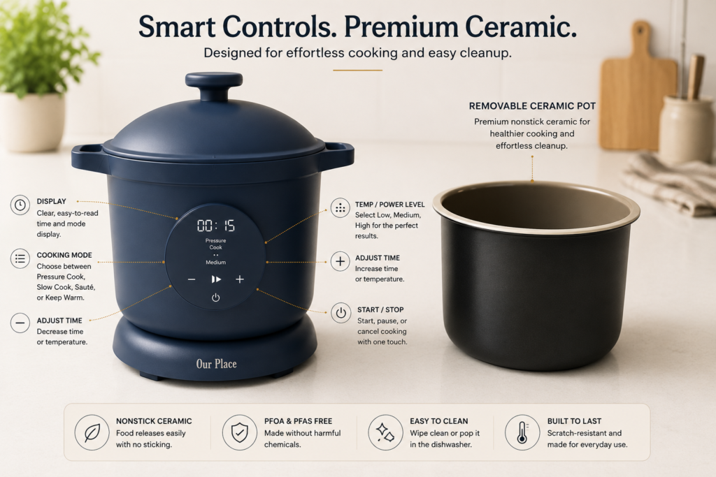 Our Place Dream Cooker controls and ceramic pot