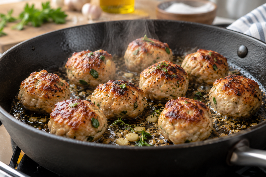 healthy chicken meatballs cooking in skillet